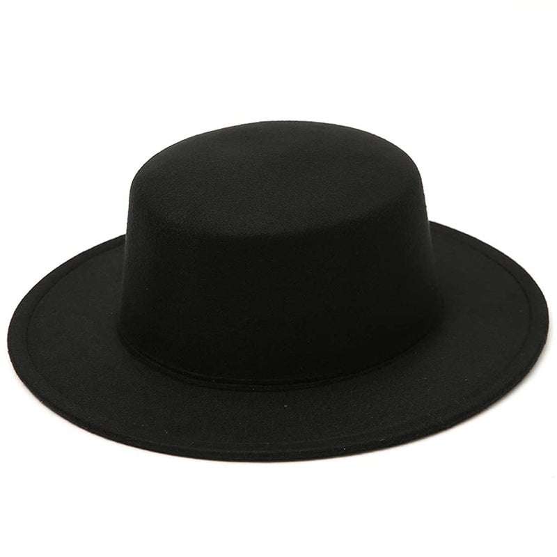 NaRaMax Classic Fashion Black Wide Brim Flat Top Fedora Panama Hat Felt Church Derby Cap Pork Pie Hat Jazz Hat - Image 1